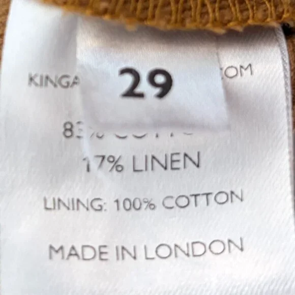 King & Tuckfield men's Tan Tab trousers 29 linen cotton toffee pleated *flaws*